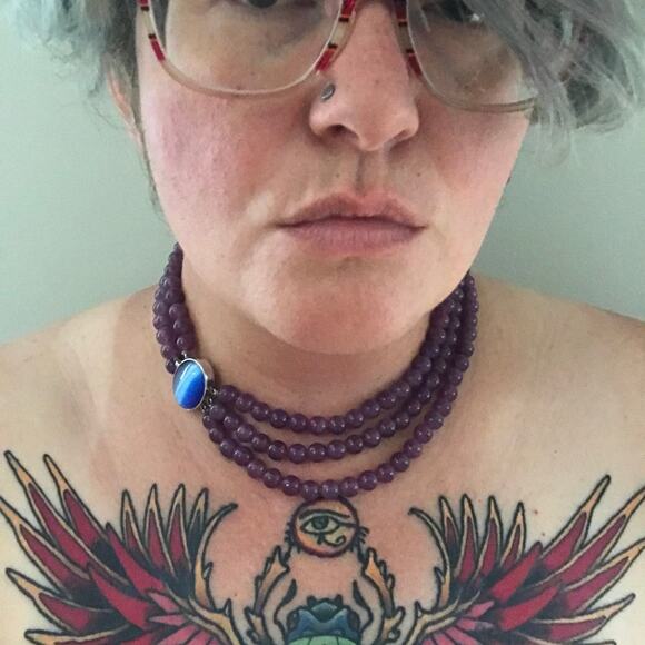 Vintage Purple Jade Gemstone Multistrand Necklace Blue Cateye Moonstone Clasp - Picture 3 of 5